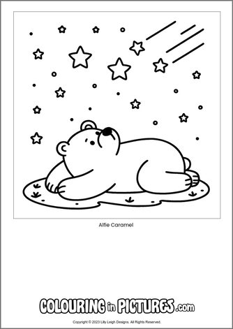 Free printable bear colouring in picture of Alfie Caramel