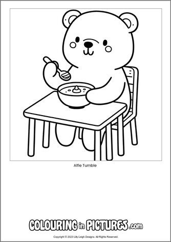 Free printable bear colouring in picture of Alfie Tumble