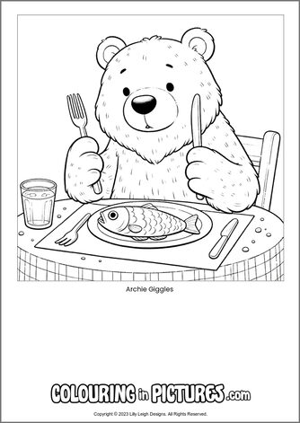 Free printable bear colouring in picture of Archie Giggles