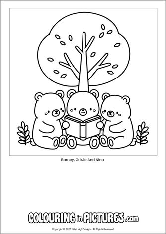 Free printable bear colouring in picture of Barney, Grizzle And Nina