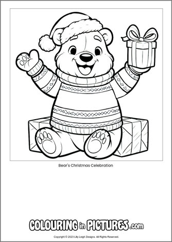 Free printable bear colouring in picture of Bear's Christmas Celebration
