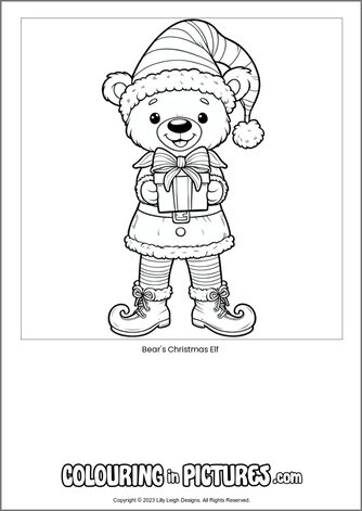 Free printable bear colouring in picture of Bear's Christmas Elf