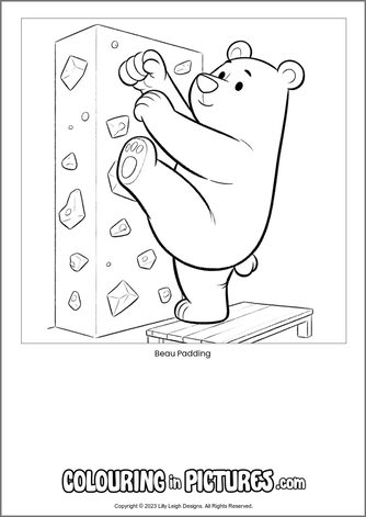 Free printable bear colouring in picture of Beau Padding