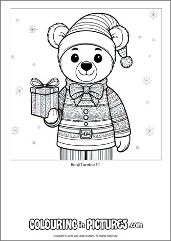 Free printable bear colouring in picture of Benji Tumble Elf