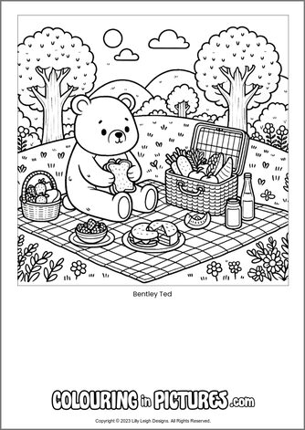 Free printable bear colouring in picture of Bentley Ted