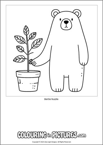 Free printable bear colouring in picture of Bertie Nuzzle