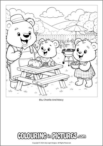 Free printable bear colouring in picture of Blu, Charlie And Macy