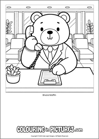 Free printable bear colouring in picture of Bruce Muffin