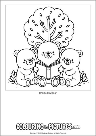 Free printable bear colouring in picture of Charlie Dewbear