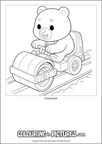Free printable bear colouring in picture of Charlie Drift