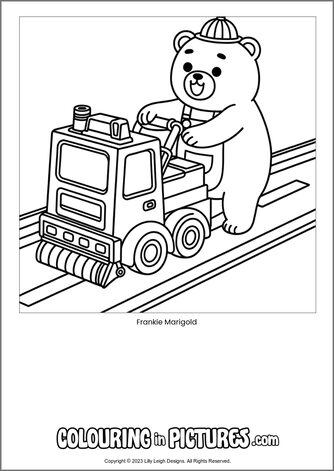Free printable bear colouring in picture of Frankie Marigold