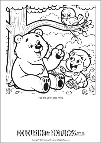 Free printable bear colouring in picture of Freddie, John and Alice