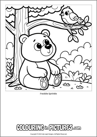 Free printable bear colouring in picture of Freddie Sprinkle