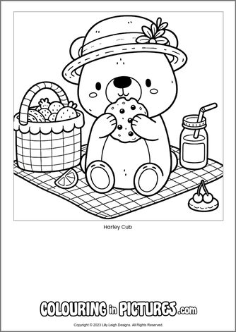 Free printable bear colouring in picture of Harley Cub