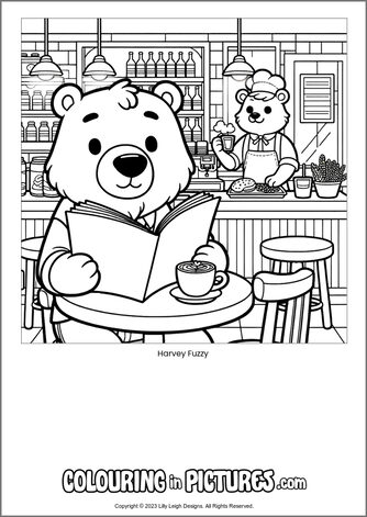 Free printable bear colouring in picture of Harvey Fuzzy