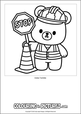 Free printable bear colouring in picture of Kobe Twinkle