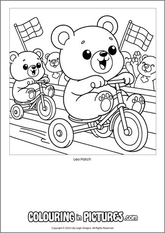 Free printable bear colouring in picture of Leo Patch