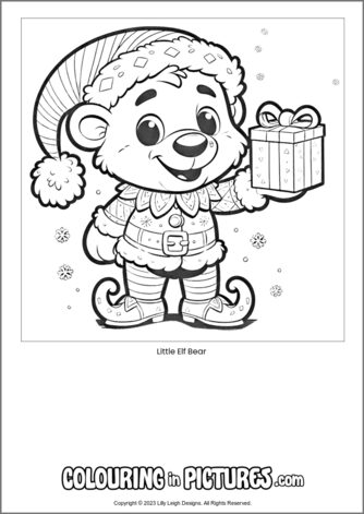 Free printable bear colouring in picture of Little Elf Bear