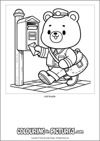 Free printable bear colouring in picture of Loki Nuzzle
