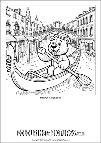 Free printable bear colouring in picture of Max On A Gondala