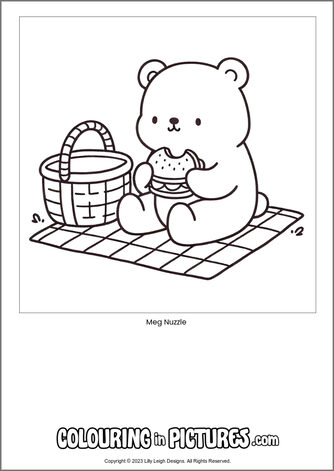 Free printable bear colouring in picture of Meg Nuzzle