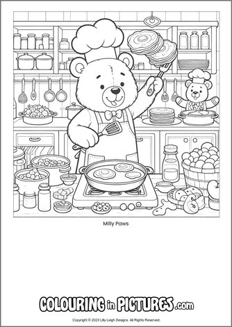 Free printable bear colouring in picture of Milly Paws