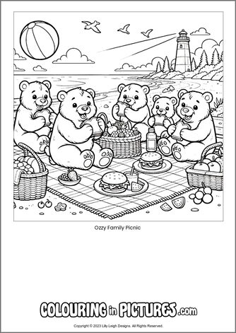 Free printable bear colouring in picture of Ozzy Family Picnic