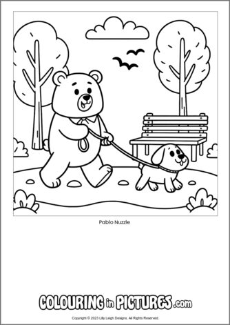 Free printable bear colouring in picture of Pablo Nuzzle
