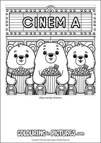 Free printable bear colouring in picture of Riley Family Cinema