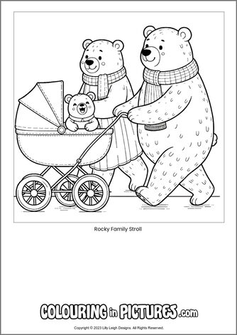 Free printable bear colouring in picture of Rocky Family Stroll