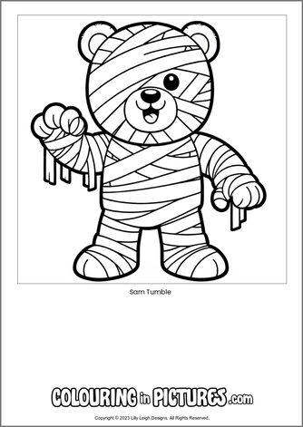 Free printable bear colouring in picture of Sam Tumble
