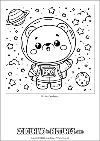 Free printable bear colouring in picture of Simba Dewbear