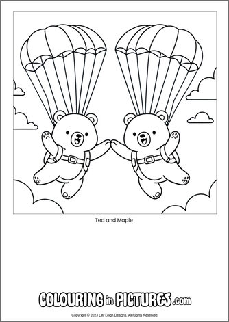 Free printable bear colouring in picture of Ted and Maple