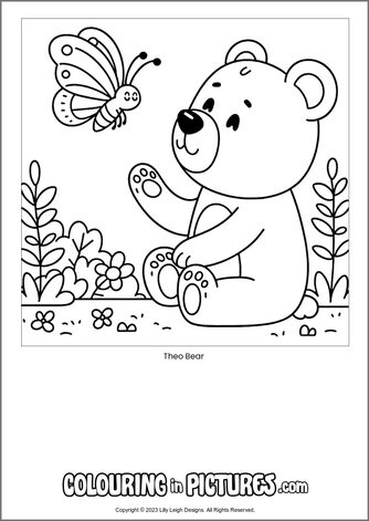 Free printable bear colouring in picture of Theo Bear