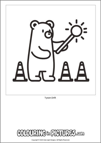 Free printable bear colouring in picture of Tyson Drift