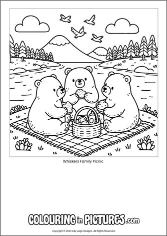 Free printable bear colouring in picture of Whiskers Family Picnic