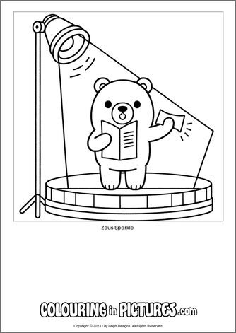 Free printable bear colouring in picture of Zeus Sparkle