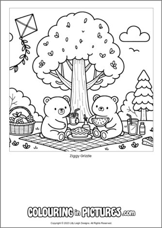 Free printable bear colouring in picture of Ziggy Grizzle