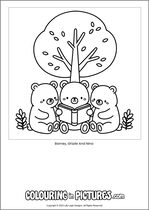 Free printable bear colouring page. Colour in Barney, Grizzle And Nina.