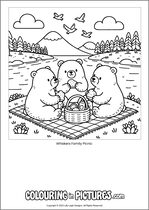 Free printable bear colouring page. Colour in Whiskers Family Picnic.