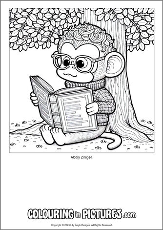 Free printable monkey colouring in picture of Abby Zinger