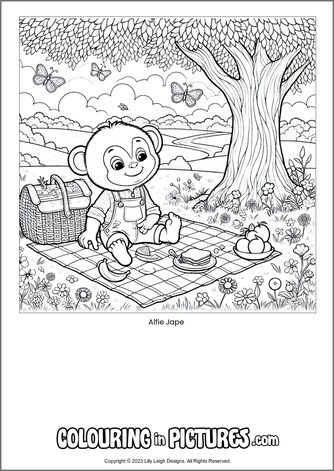Free printable monkey colouring in picture of Alfie Jape