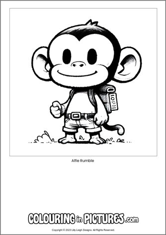 Free printable monkey colouring in picture of Alfie Rumble