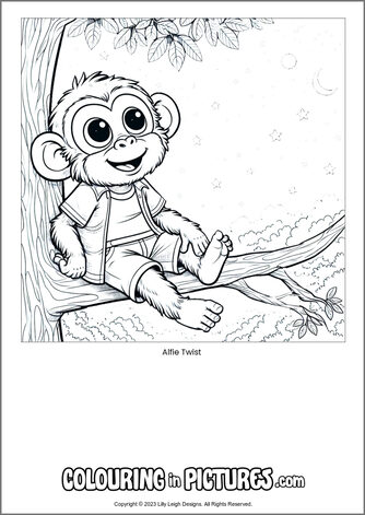 Free printable monkey colouring in picture of Alfie Twist