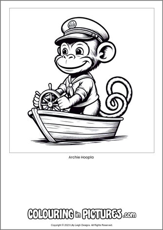 Free printable monkey colouring in picture of Archie Hoopla