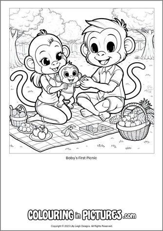 Free printable monkey colouring in picture of Baby's First Picnic