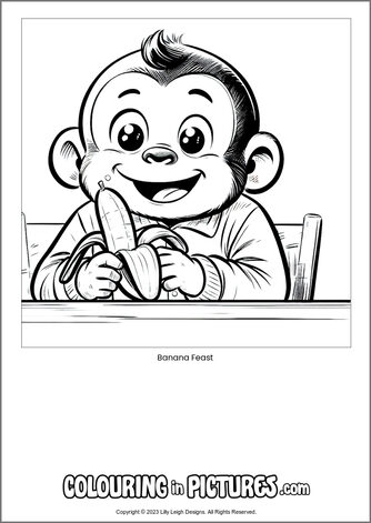 Free printable monkey colouring in picture of Banana Feast