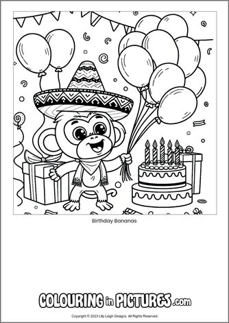 Free printable monkey colouring in picture of Birthday Bananas