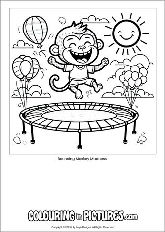 Free printable monkey colouring in picture of Bouncing Monkey Madness