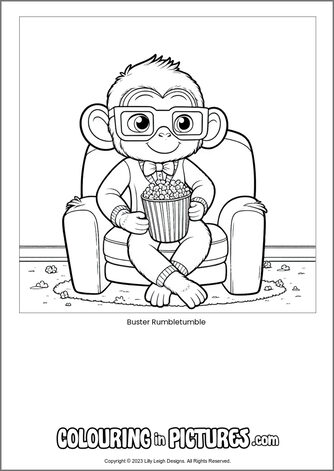 Free printable monkey colouring in picture of Buster Rumbletumble